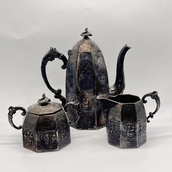 The Unbranded Brand Other - Vintage Victorian Silverplate Figural Tavern Scene Octagonal Coffee Tea Set UK